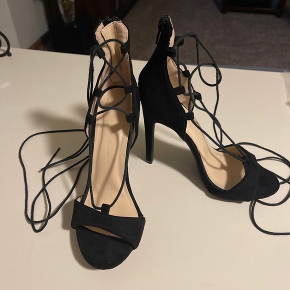 Wild Diva Lounge Black Lace-Up High Heel Sandal With Zipper Womens Faux Suede 6 - Picture 6 of 12